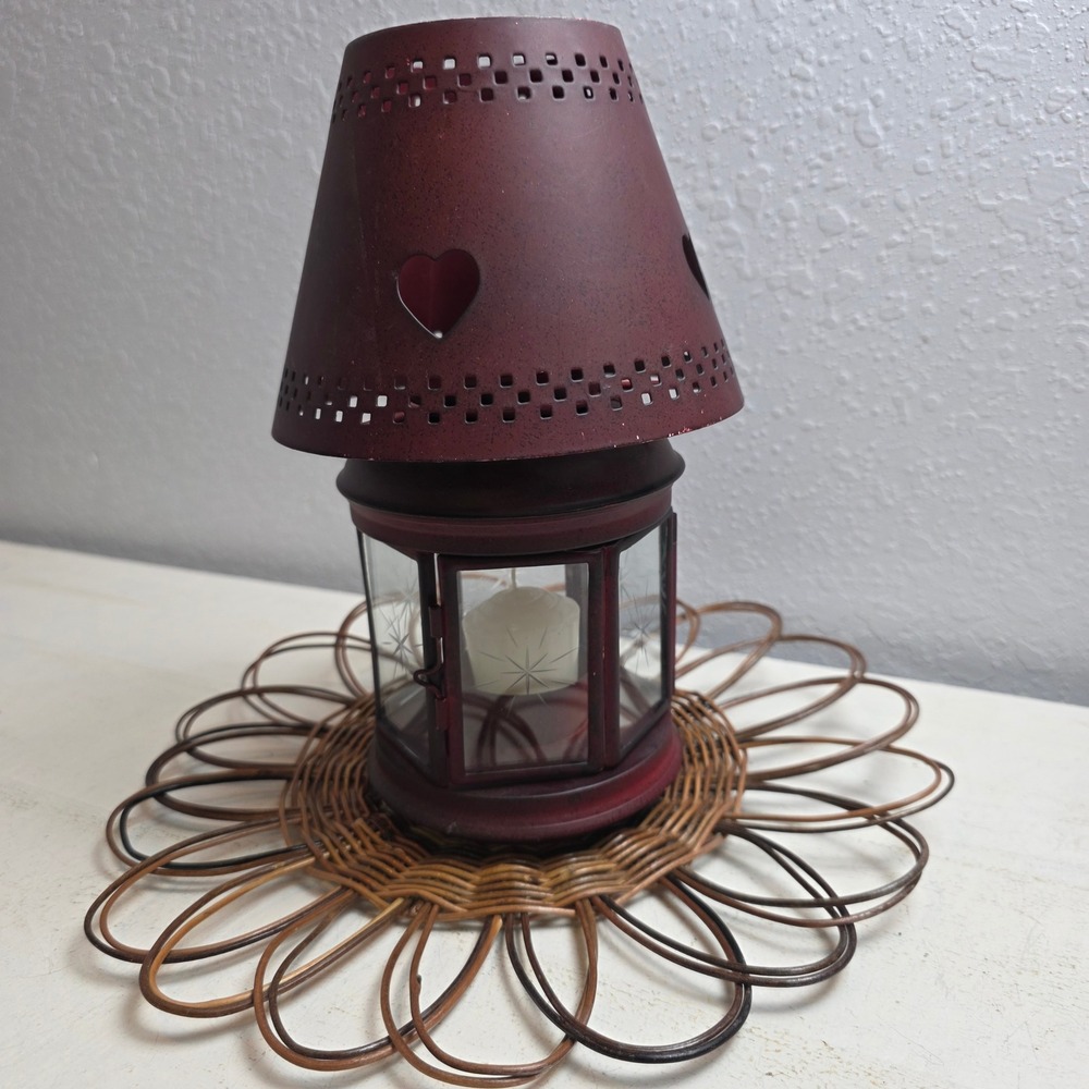 Rustic Burgundy Red Metal Heart Lantern Etched Glass Tea Light Holder